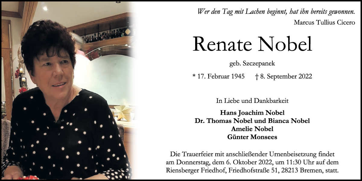 Traueranzeige von Renate Nobel von WESER-KURIER