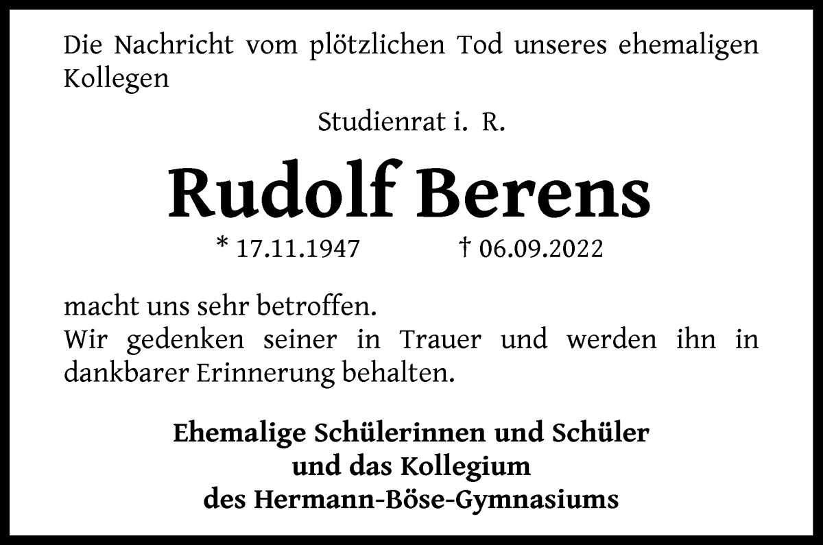Traueranzeige von Rudolf Berens von WESER-KURIER