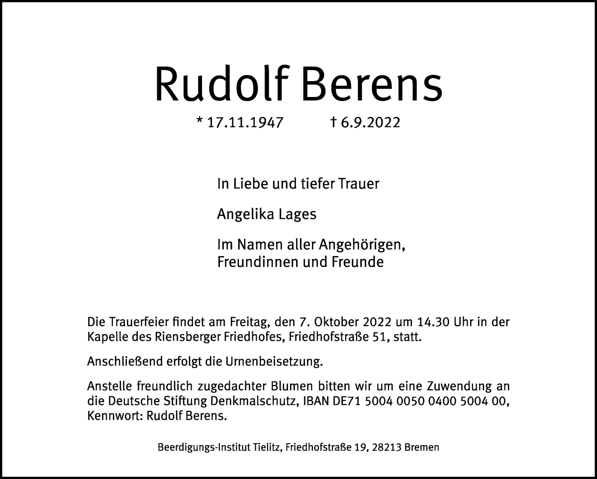 Traueranzeige von Rudolf Berens von WESER-KURIER
