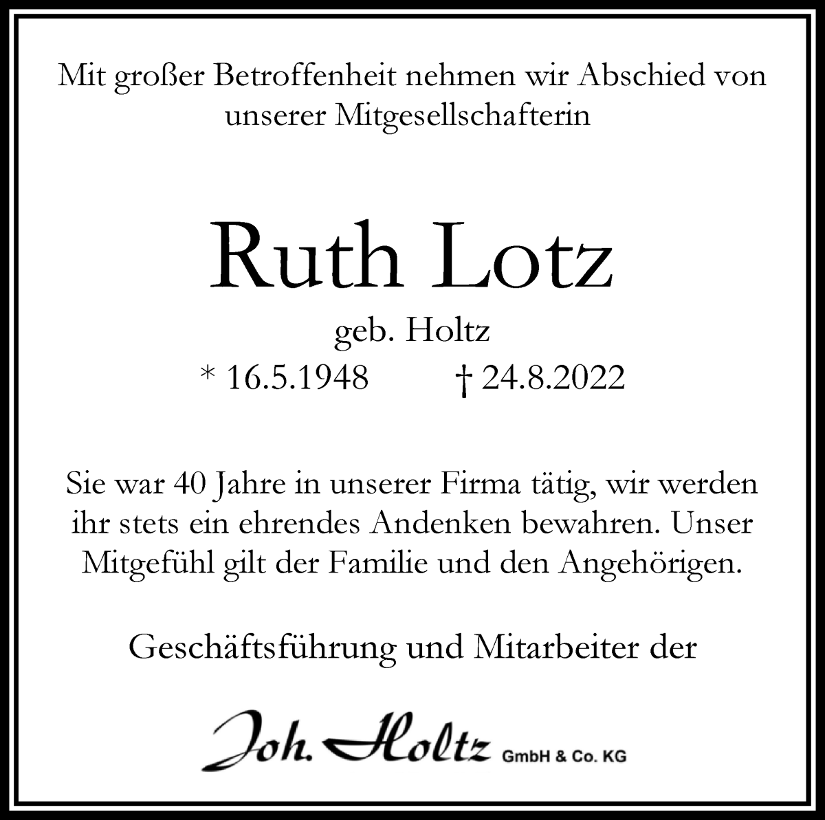 Traueranzeige von Ruth Lotz von WESER-KURIER