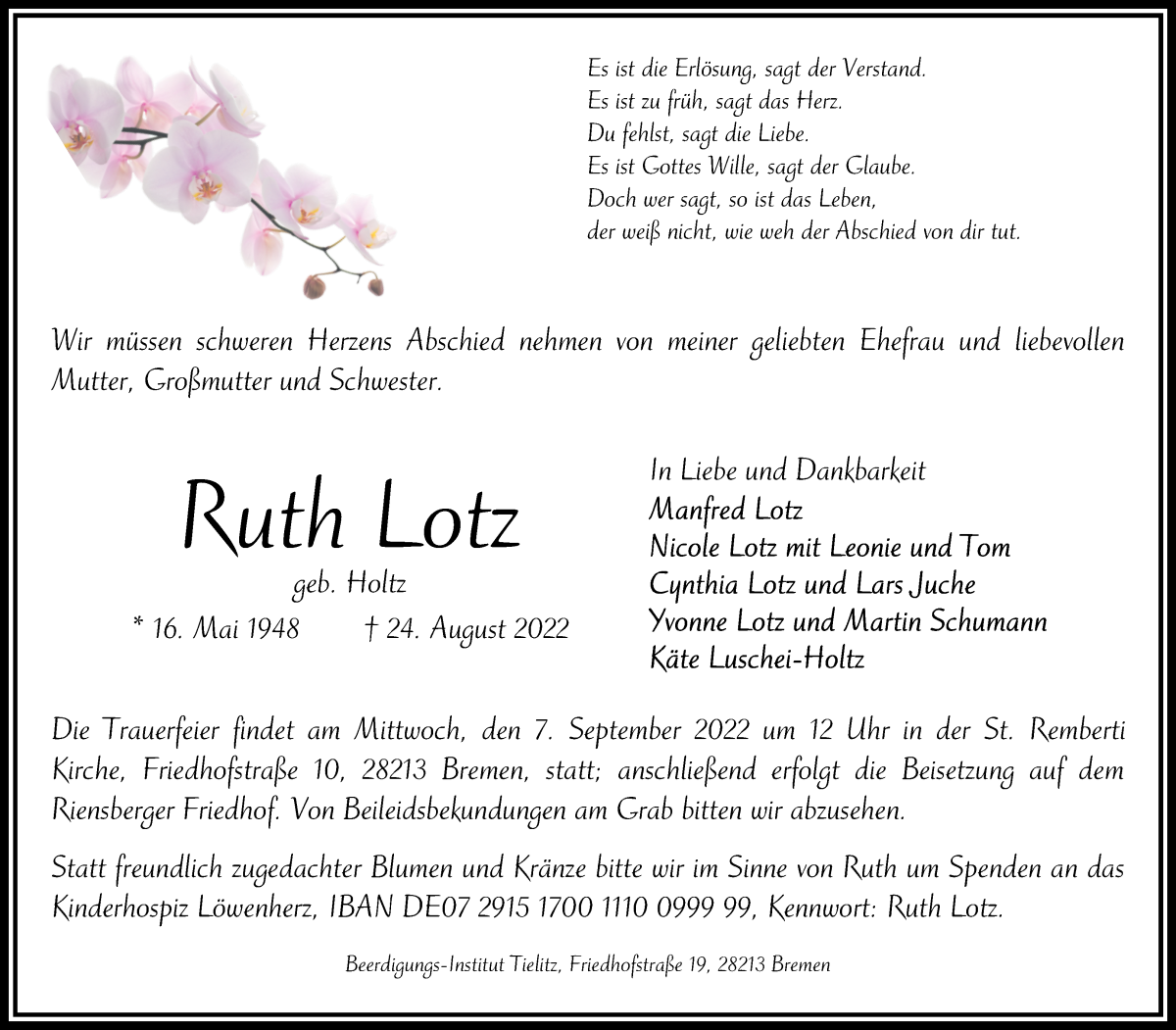 Traueranzeige von Ruth Lotz von WESER-KURIER