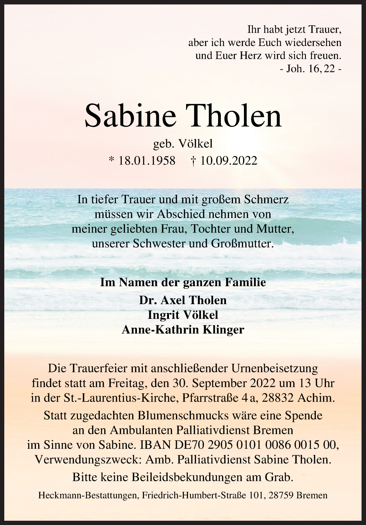 Traueranzeige von Sabine Tholen von WESER-KURIER