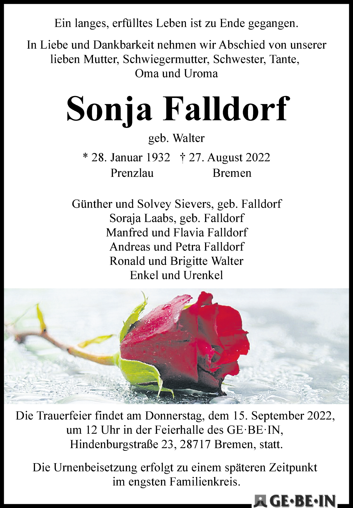 Traueranzeige von Sonja Falldorf von WESER-KURIER