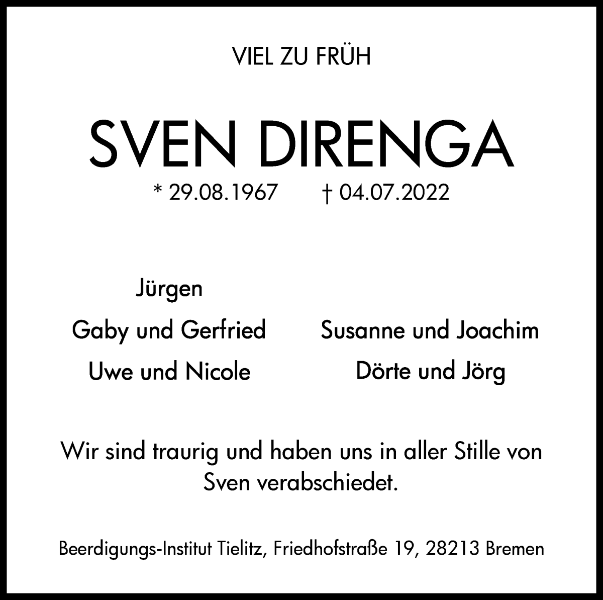 Traueranzeige von Sven Direnga von WESER-KURIER