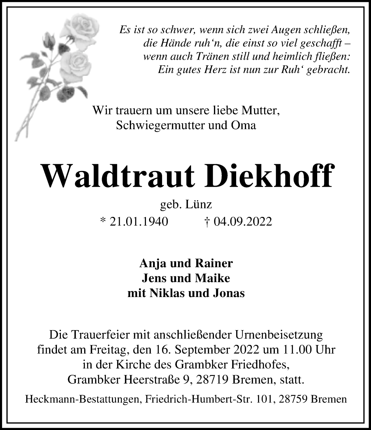 Traueranzeige von Waltraut Dieckhoff von WESER-KURIER