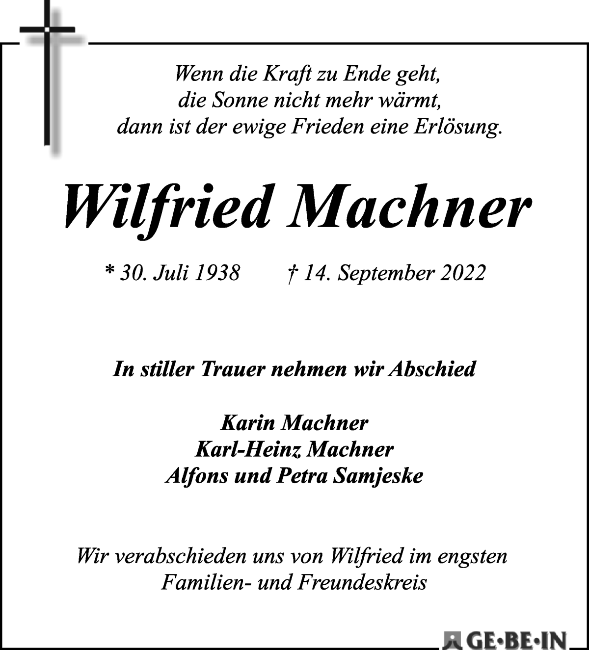 Traueranzeige von Wilfried Machner von WESER-KURIER