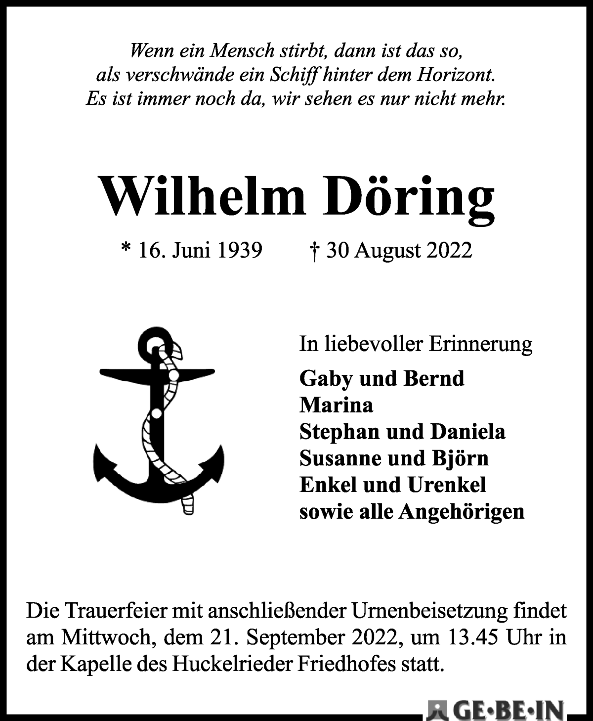 Traueranzeige von Wilhelm Döring von WESER-KURIER