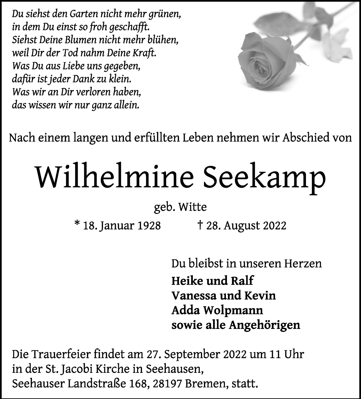 Traueranzeige von Wilhelmine Seekamp von WESER-KURIER