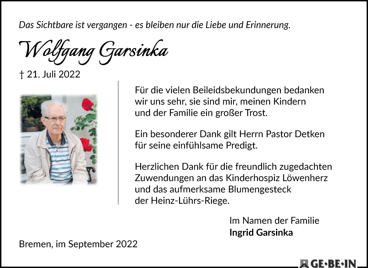 Traueranzeige von Wolfgang Garsinka von WESER-KURIER