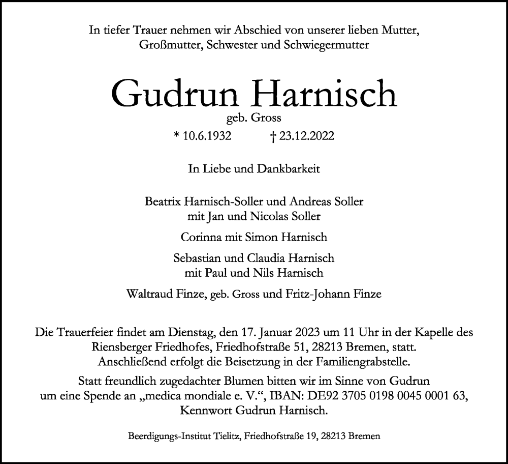 Traueranzeige von Gudrun Harnisch von Weser Kurier Gesamtausgabe