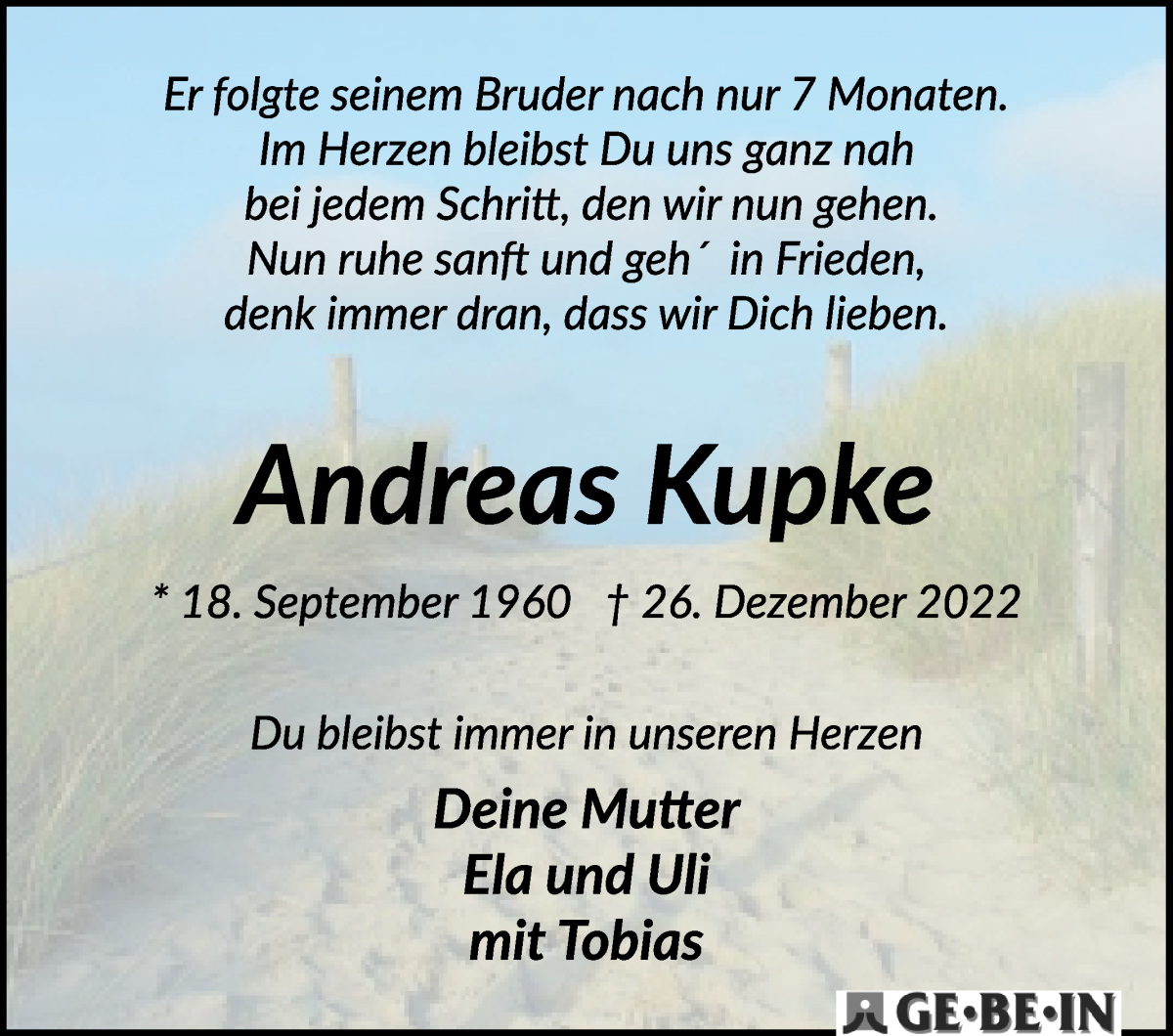 Traueranzeige von Andreas Kupke von Die Norddeutsche