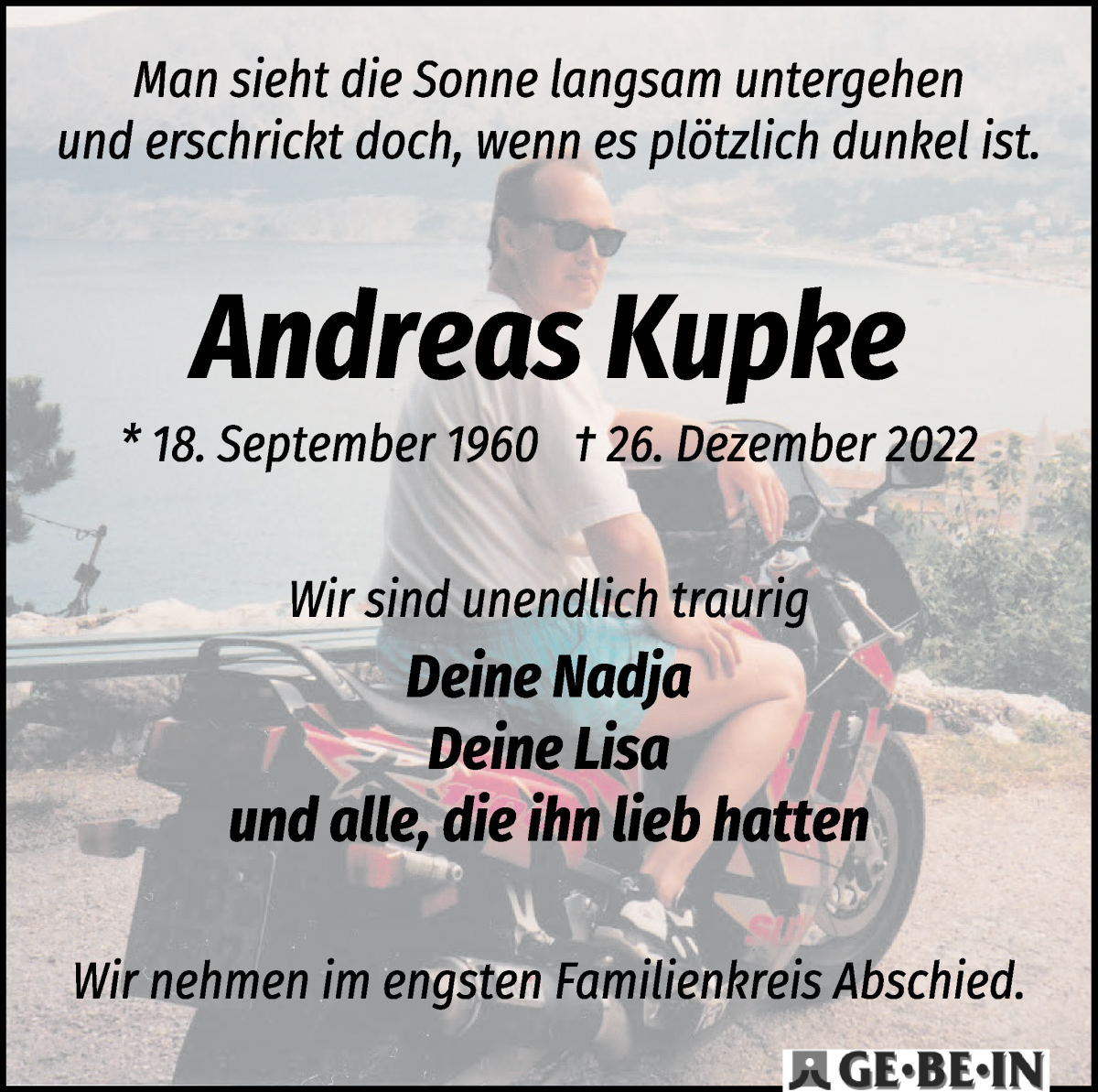 Traueranzeige von Andreas Kupke von Die Norddeutsche
