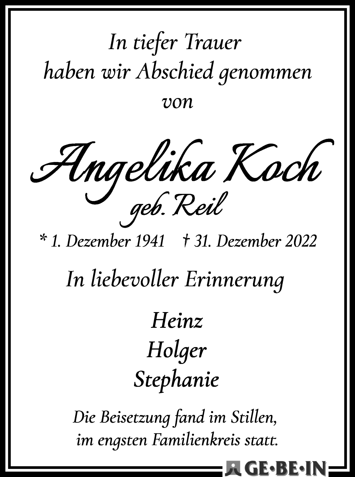 Traueranzeige von Angelika Koch von WESER-KURIER