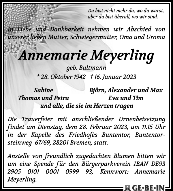 Traueranzeige von Annemarie Meyerling von WESER-KURIER