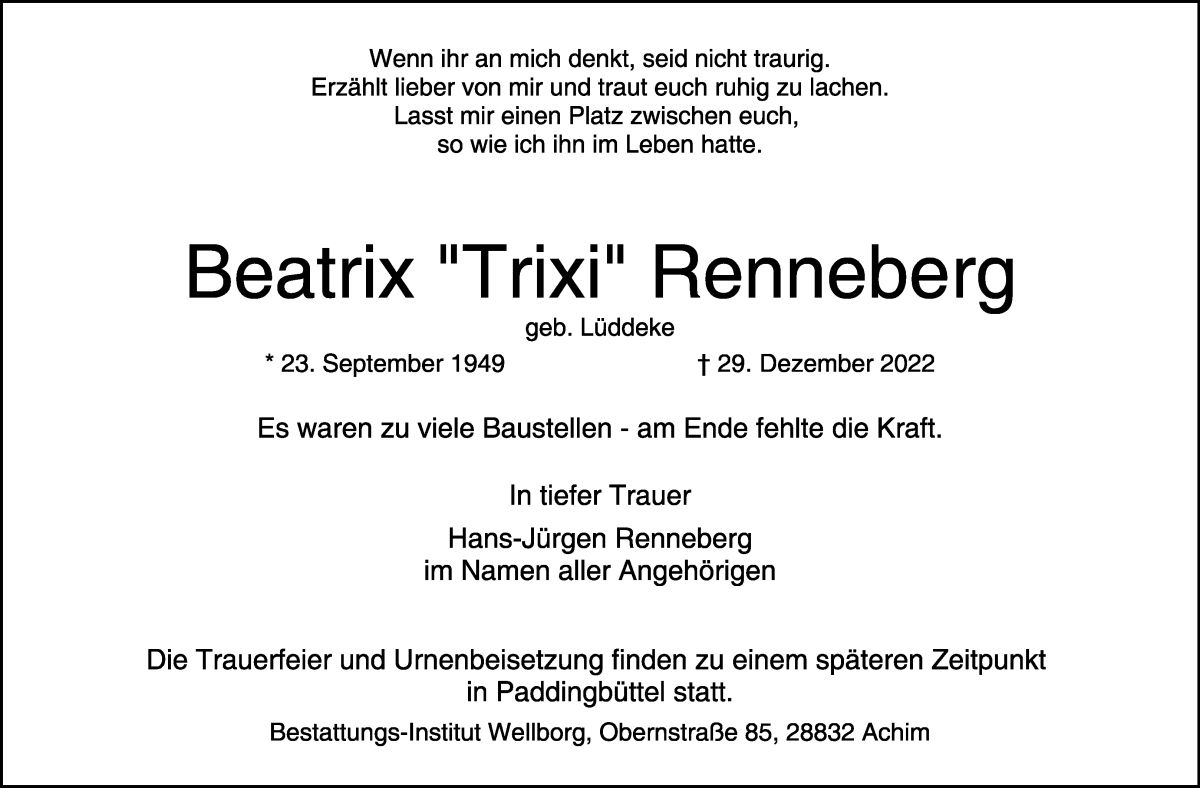 Traueranzeige von Beatrix Renneberg von WESER-KURIER