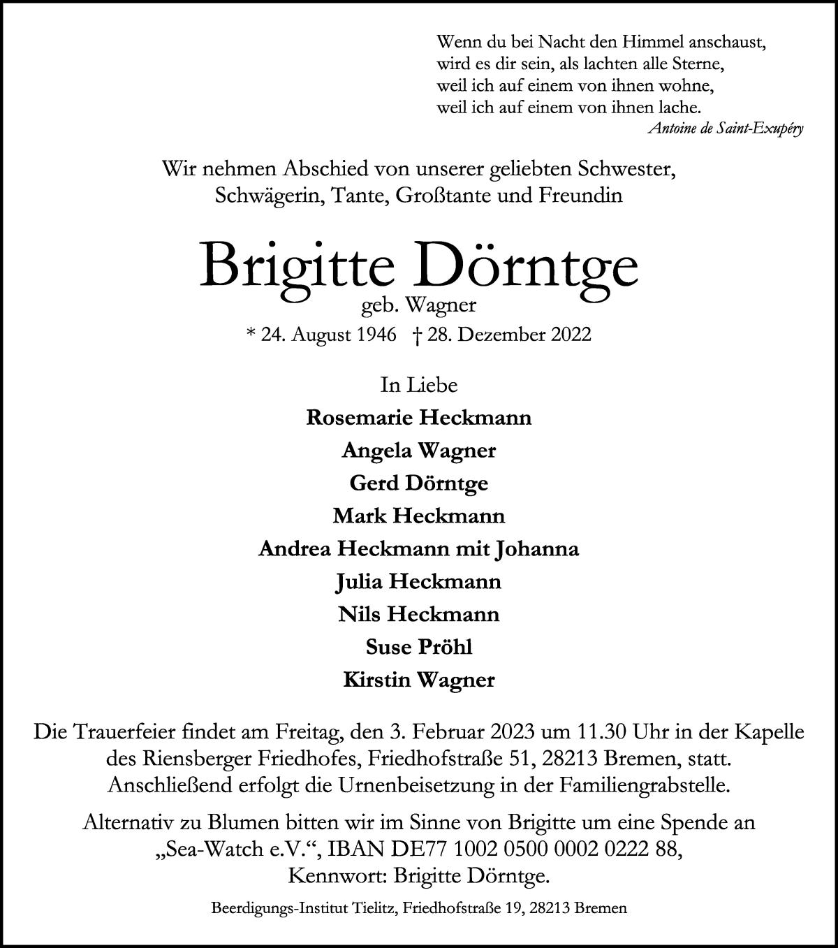 Traueranzeige von Brigitte Dörntge von WESER-KURIER