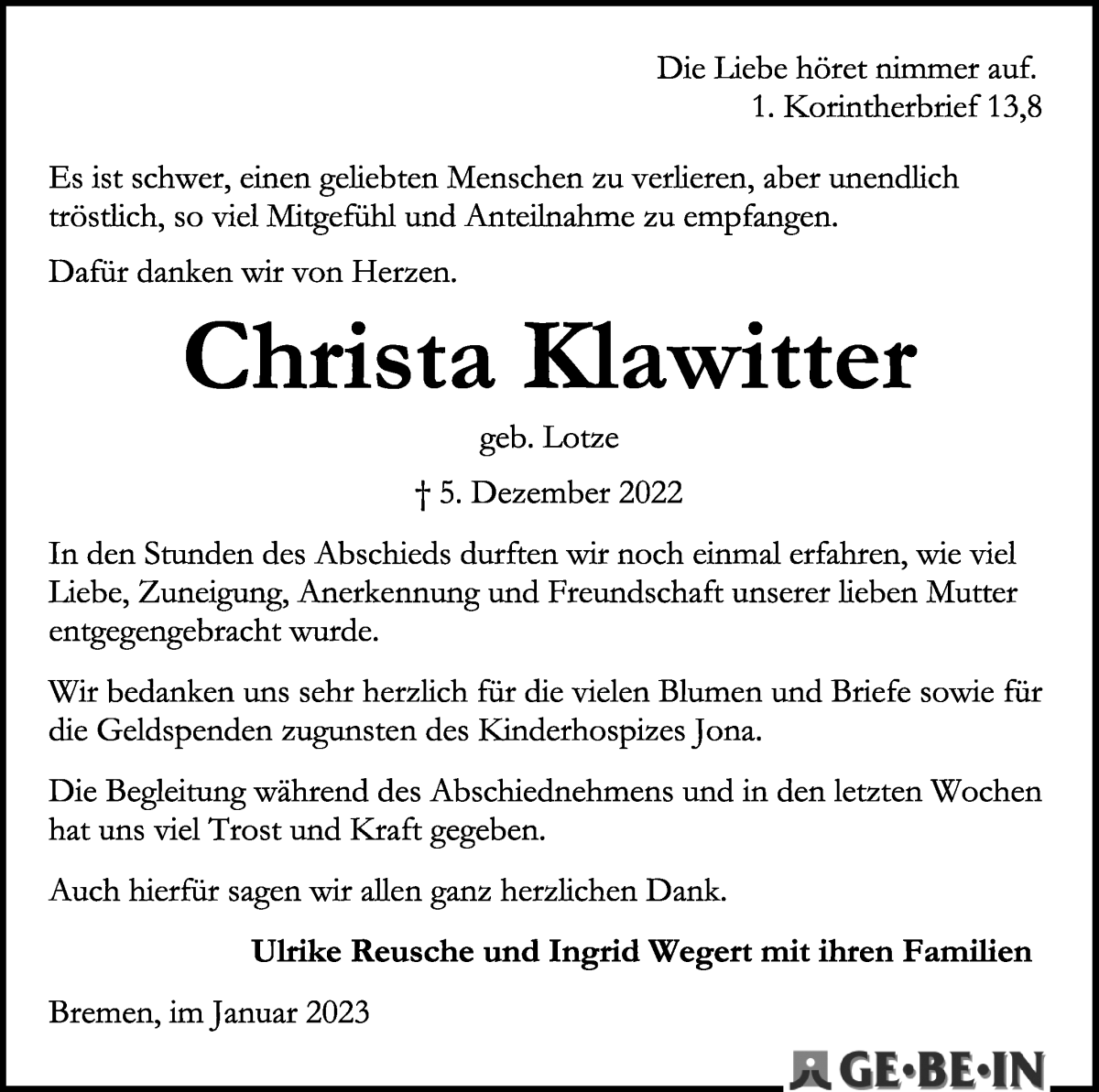 Traueranzeige von Christa Klawitter von WESER-KURIER