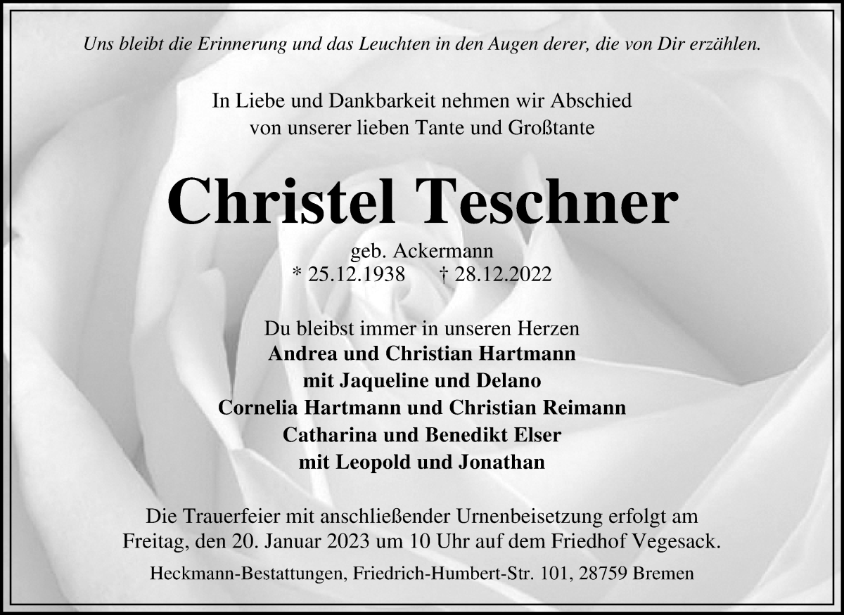 Traueranzeige von Christel Teschner von Die Norddeutsche