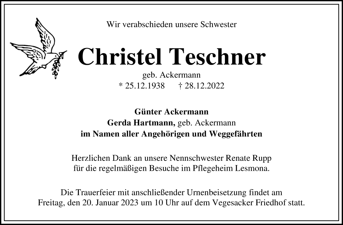 Traueranzeige von Christel Teschner von Die Norddeutsche