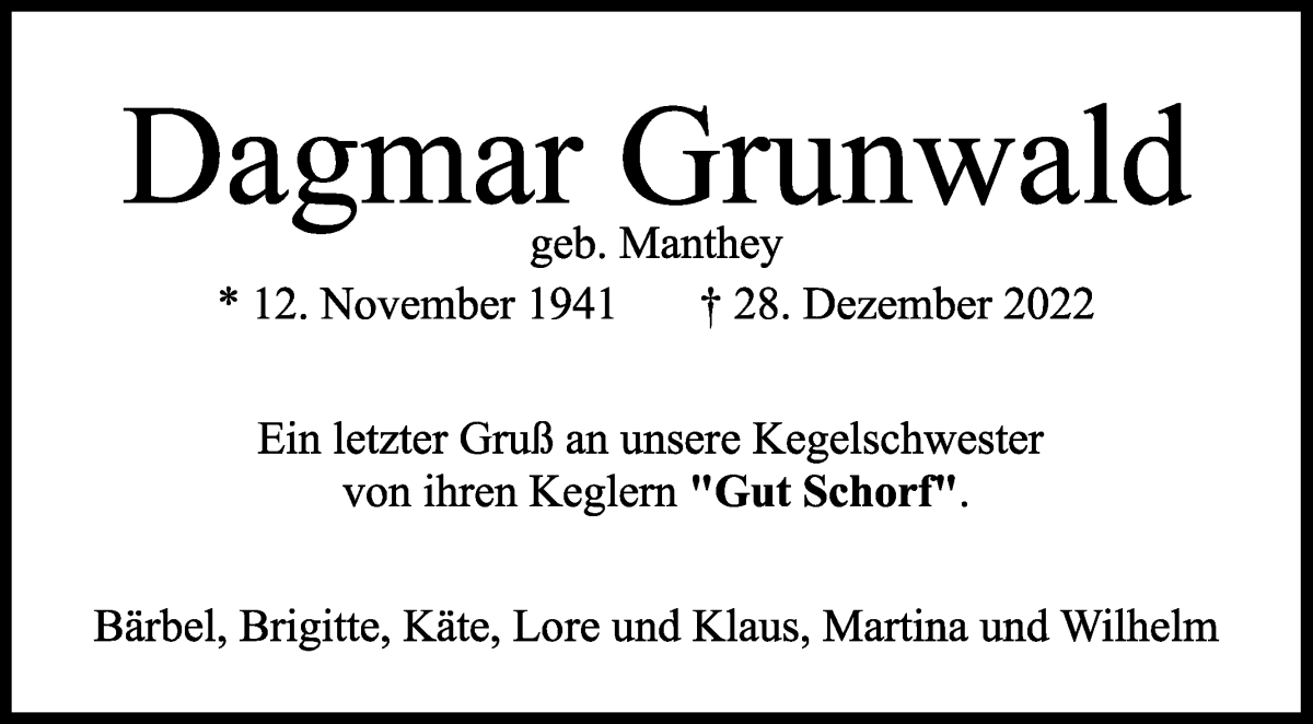 Traueranzeige von Dagmar Grunwald von WESER-KURIER