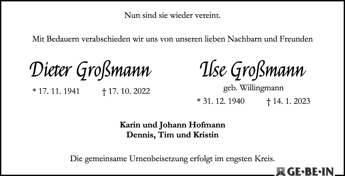 Traueranzeige von Dieter und Ilse Großmann von WESER-KURIER
