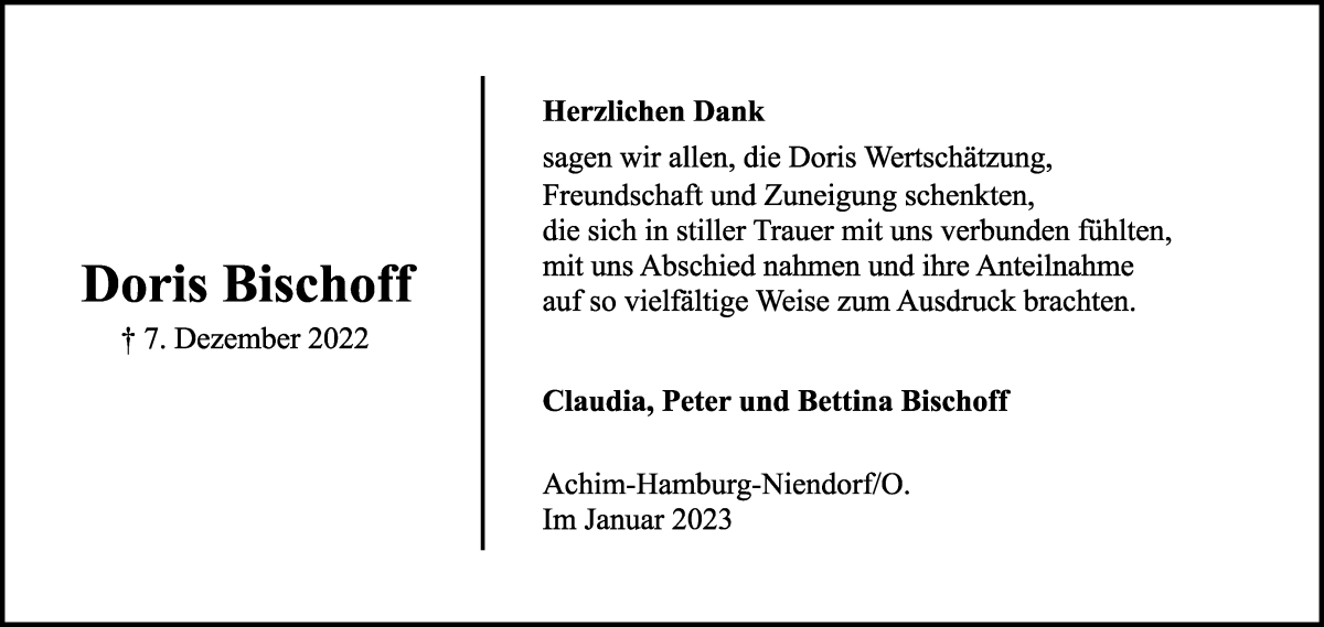 Traueranzeige von Doris Bischoff von Achimer Kurier/Verdener Nachrichten
