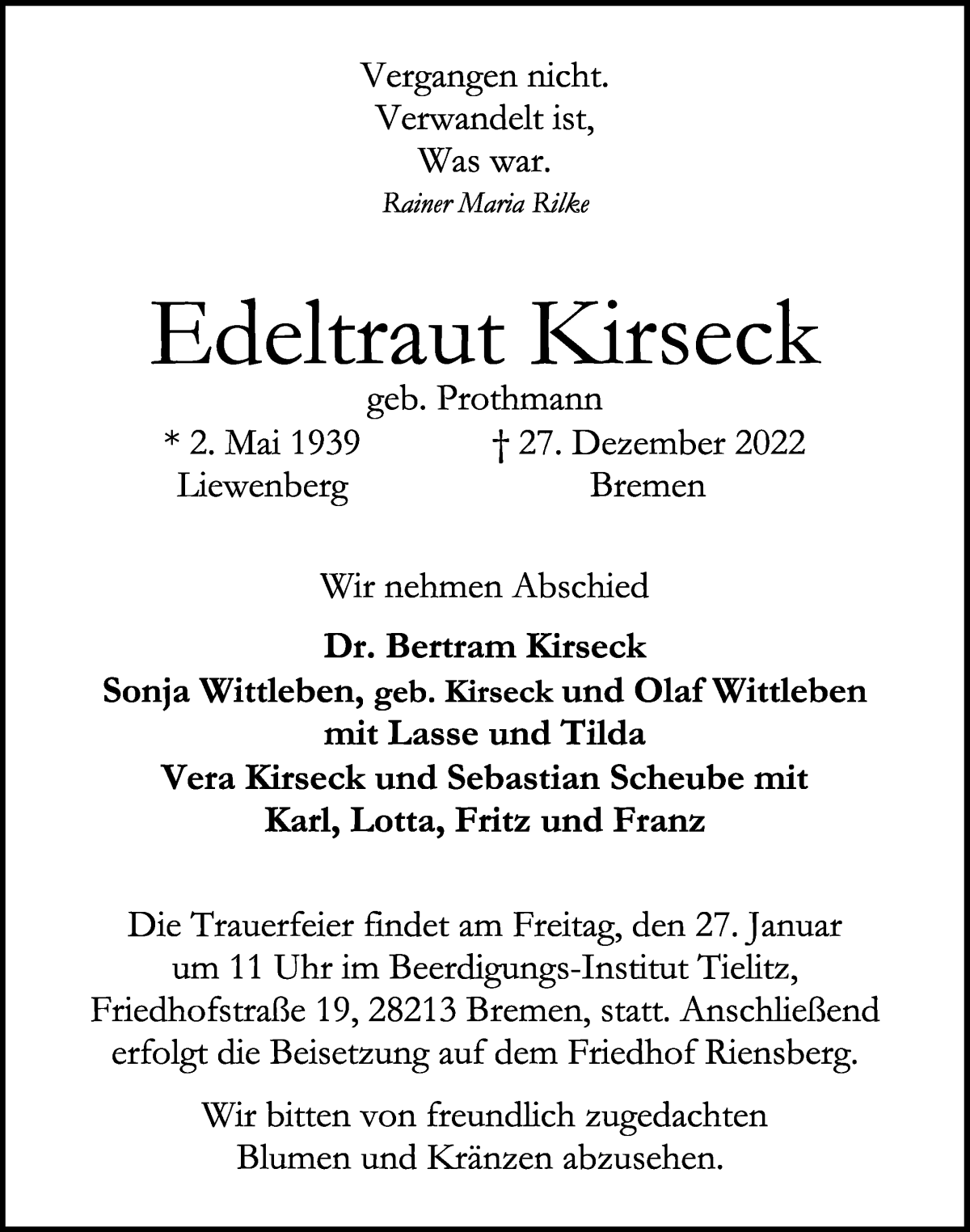 Traueranzeige von Edeltraut Kirseck von WESER-KURIER