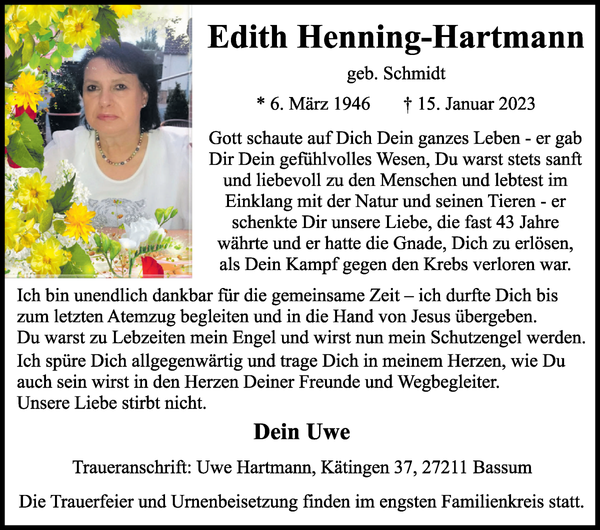 Traueranzeige von Edith Henning-Hartmann von WESER-KURIER