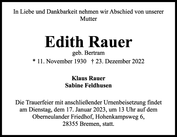 Traueranzeige von Edith Rauer von WESER-KURIER