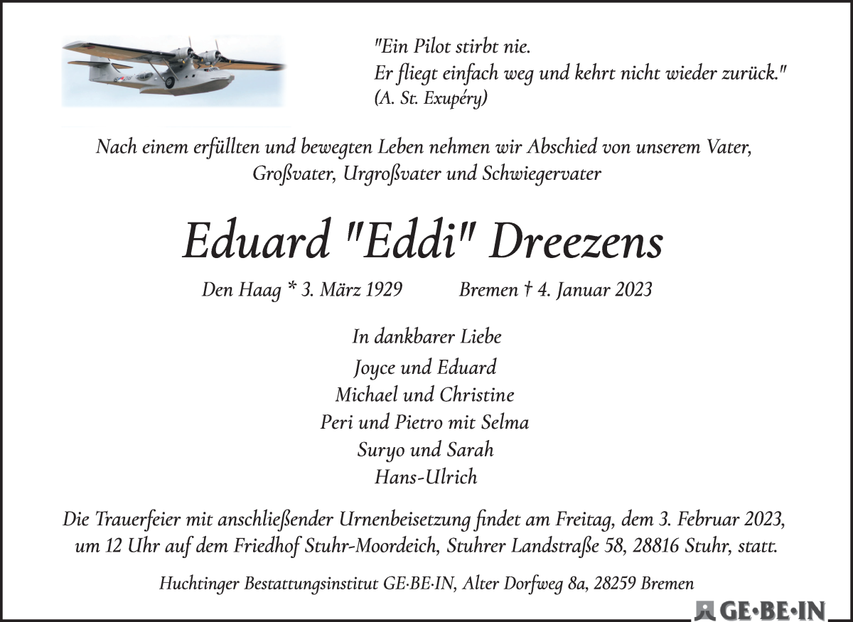 Traueranzeige von Eduard Eddi Dreezens von WESER-KURIER
