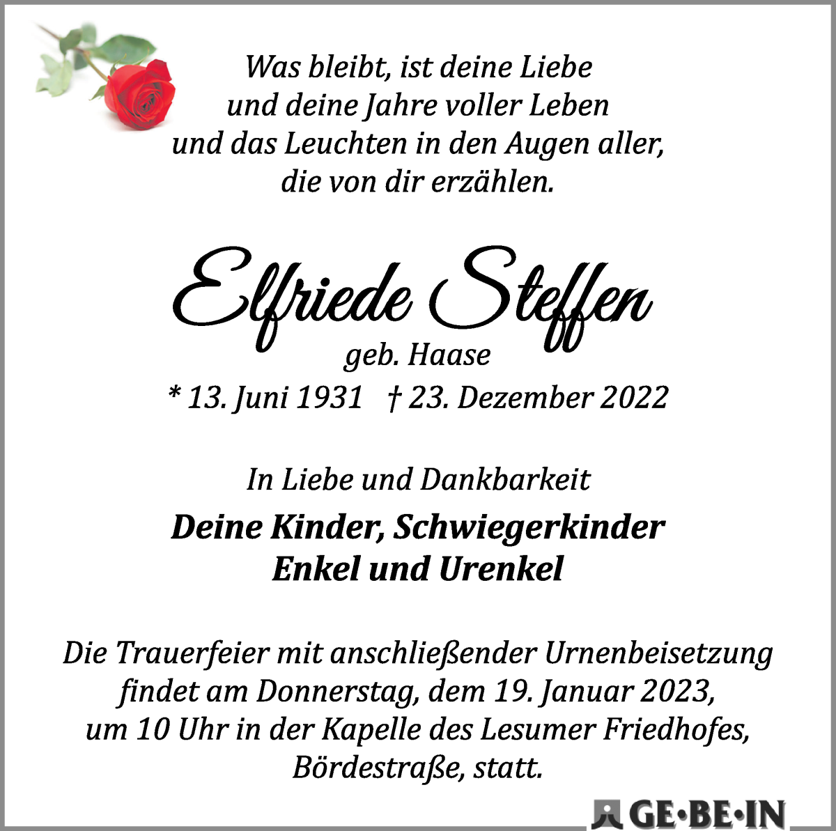 Traueranzeige von Elfriede Steffen von Die Norddeutsche