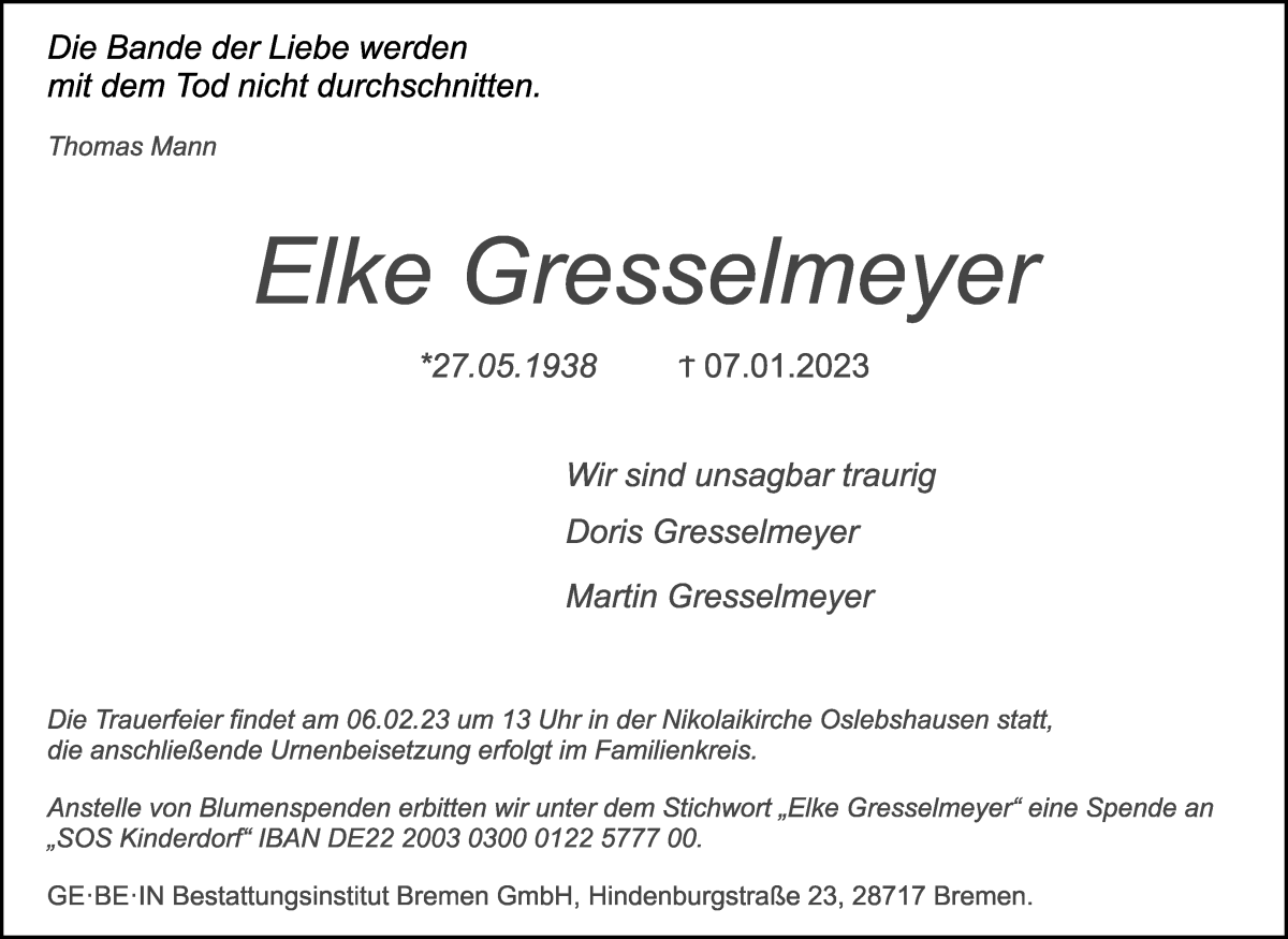 Traueranzeige von Elke Gresselmeyer von WESER-KURIER