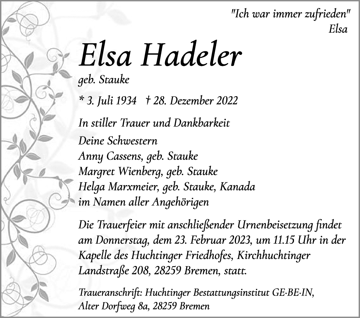 Traueranzeige von Elsa Hadeler von WESER-KURIER