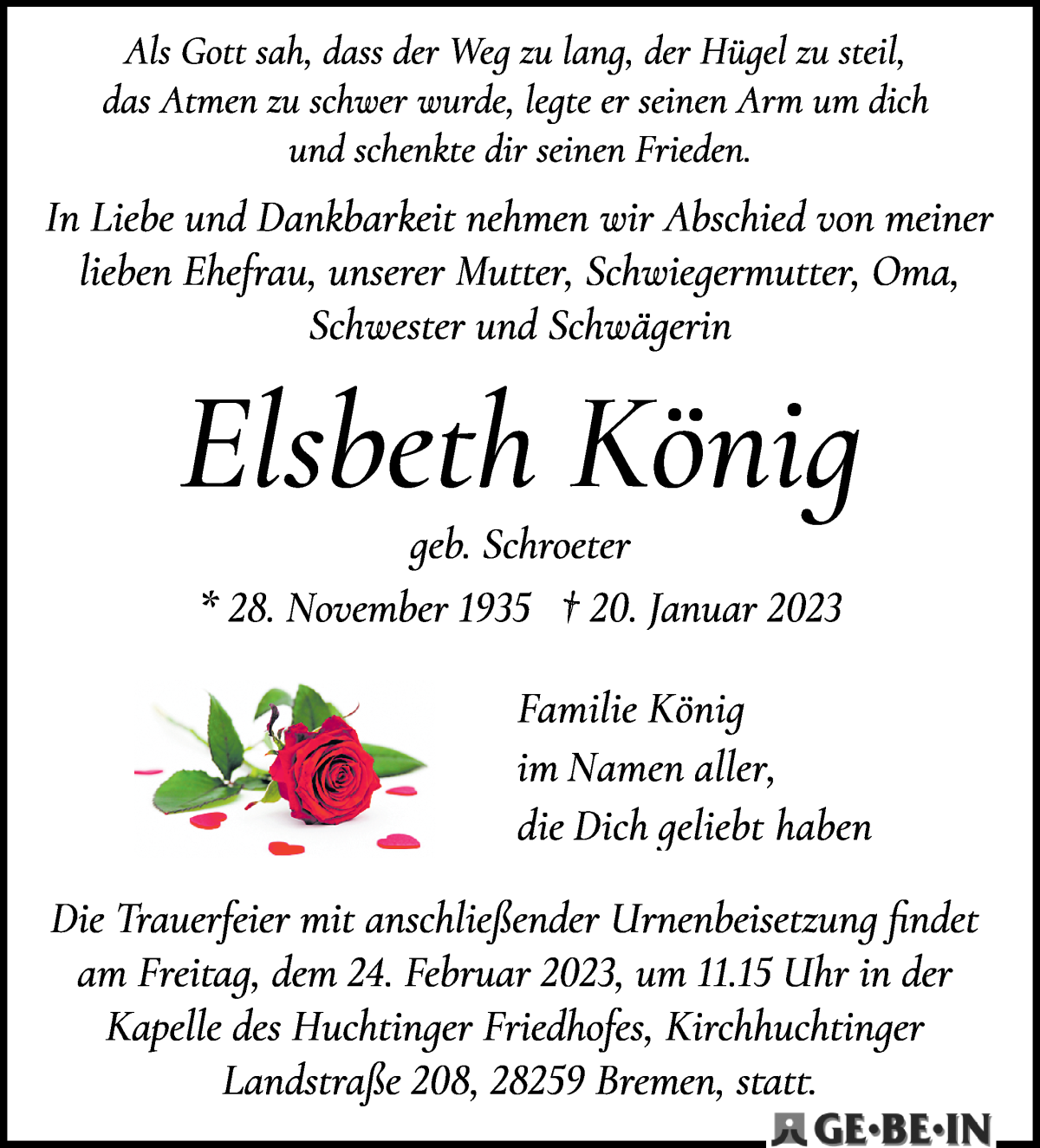 Traueranzeige von Elsbeth König von WESER-KURIER