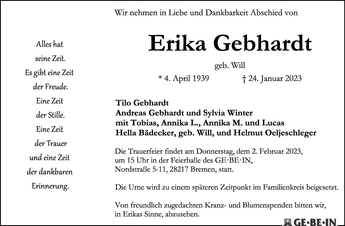 Traueranzeige von Erika Gebhardt von WESER-KURIER