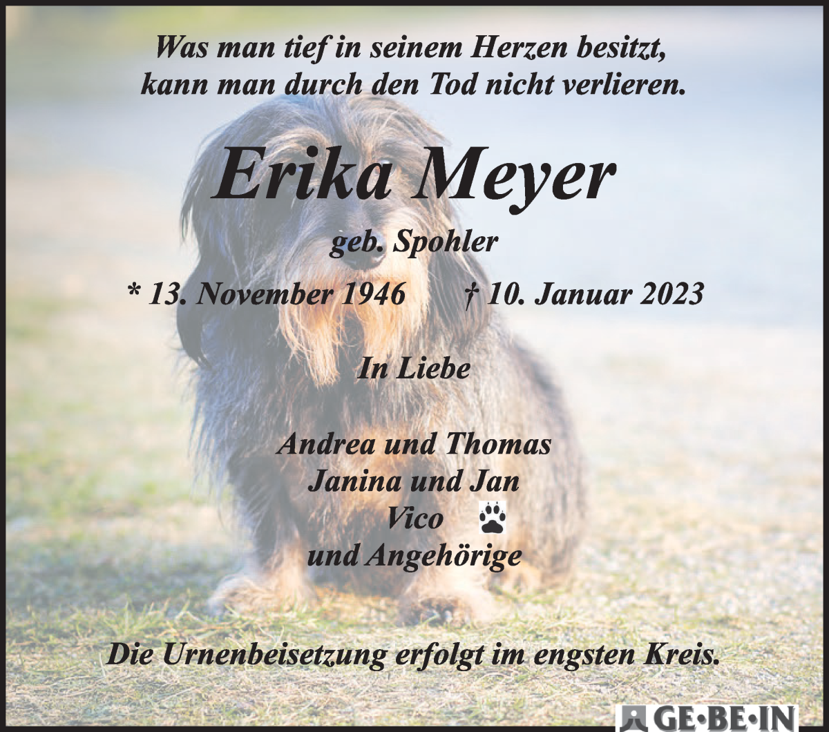 Traueranzeige von Erika Meyer von WESER-KURIER