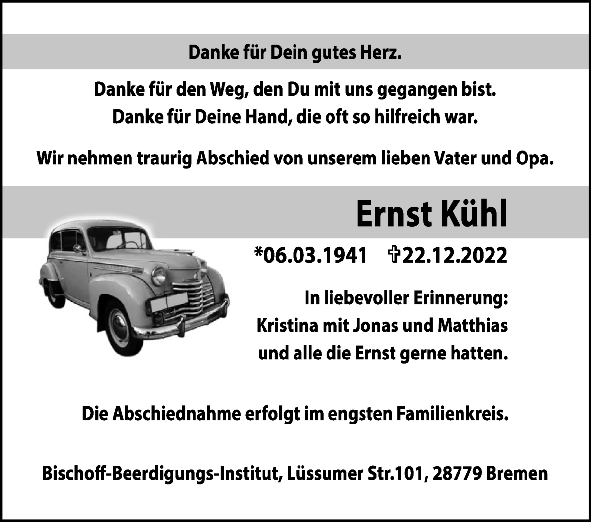 Traueranzeige von Ernst Kühl von Die Norddeutsche
