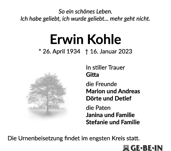 Traueranzeige von Erwin Kohle von WESER-KURIER
