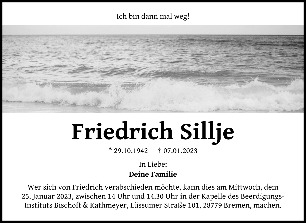 Traueranzeige von Friedrich Sillje von Die Norddeutsche