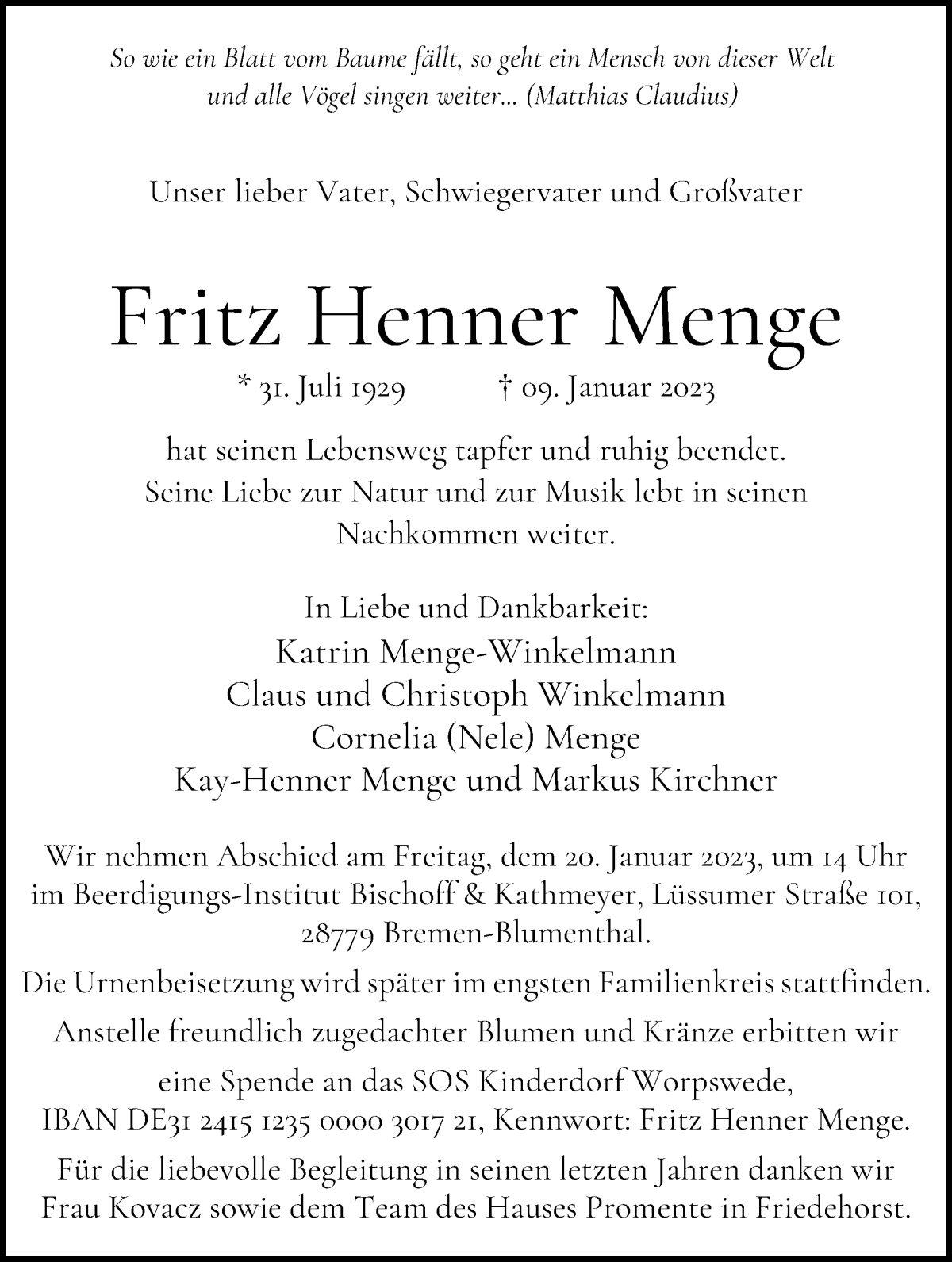 Traueranzeige von Fritz Henner Menge von Die Norddeutsche
