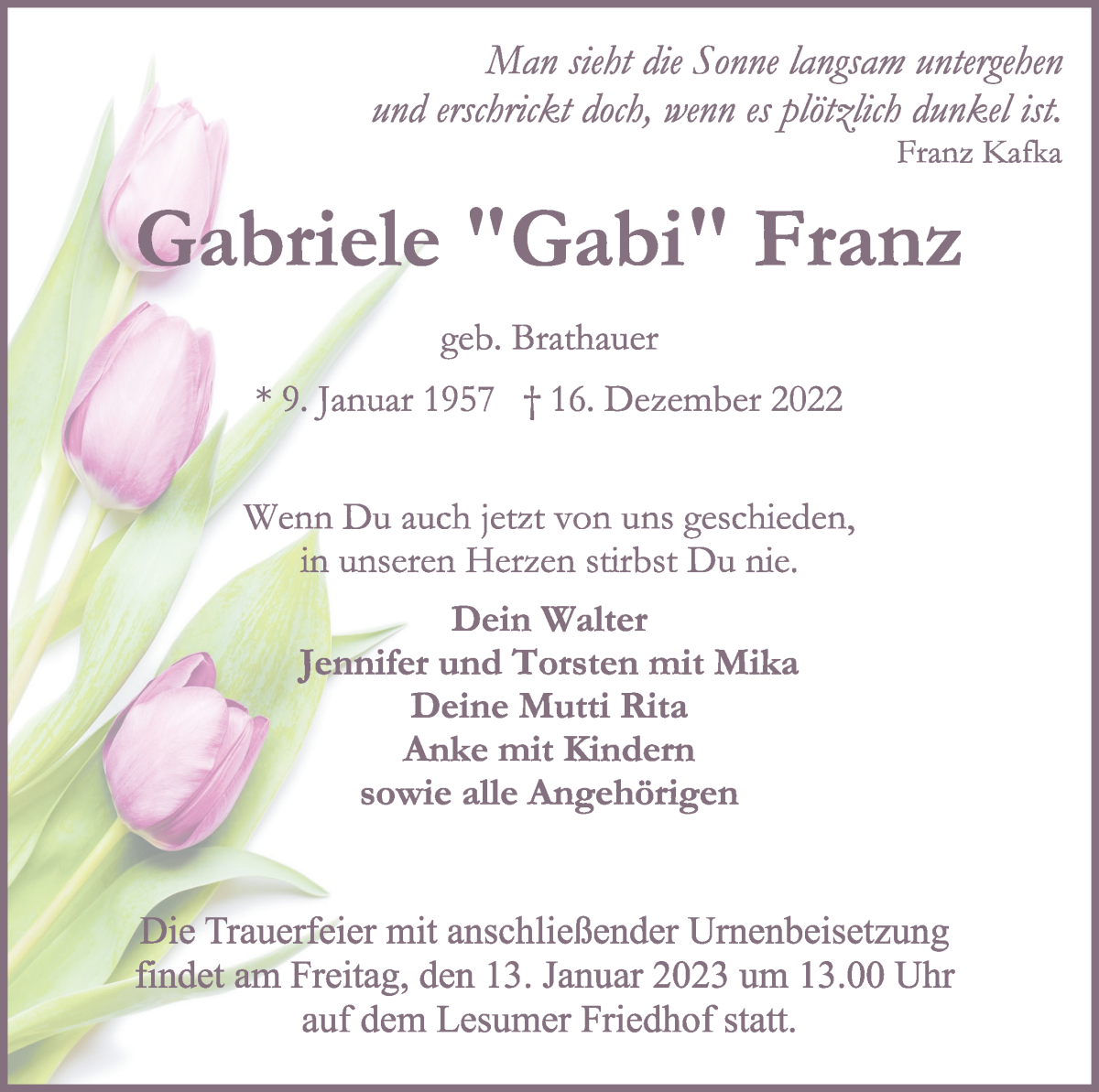 Traueranzeige von Gabriele Franz von Die Norddeutsche