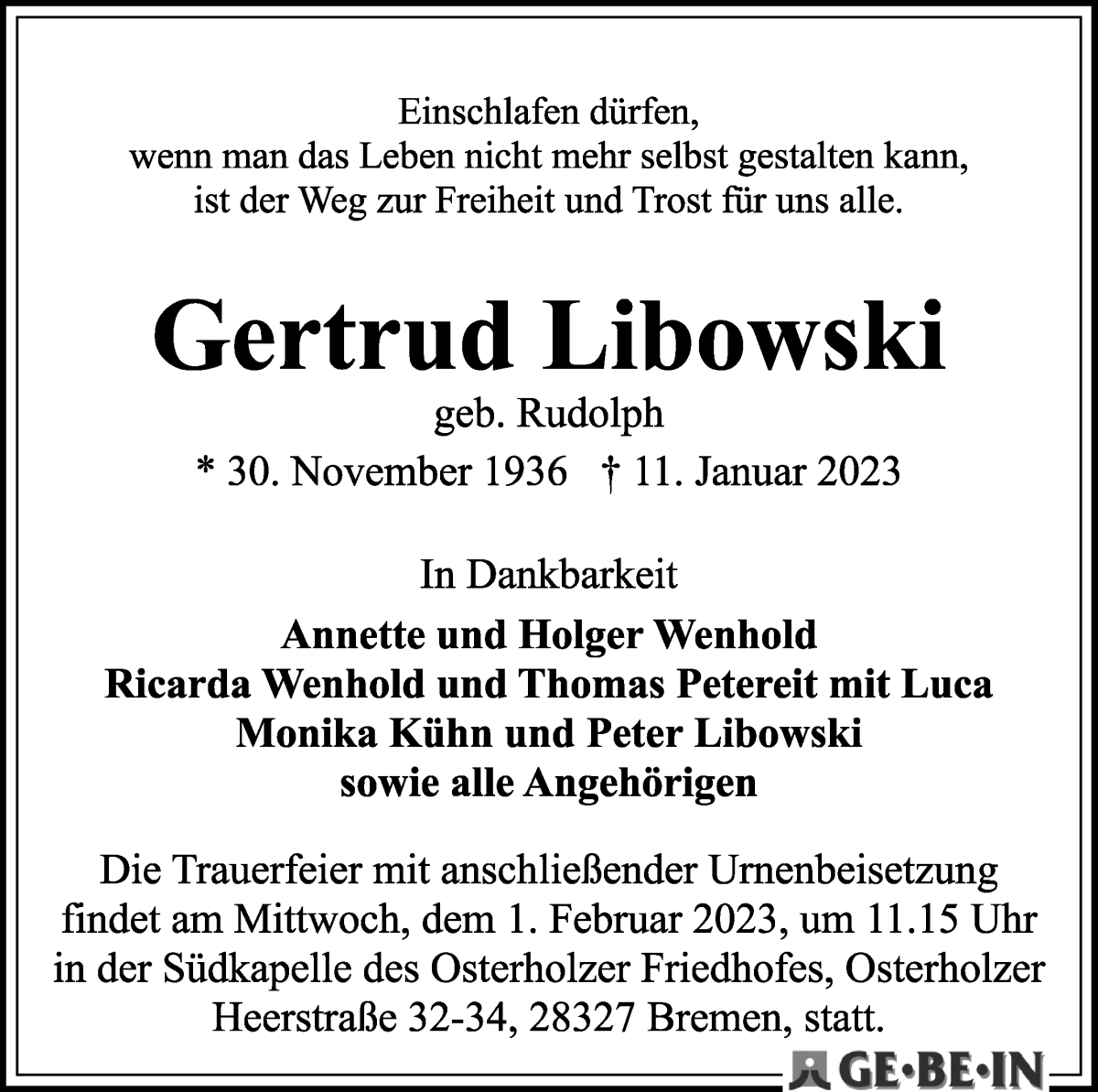 Traueranzeige von Gertrud Libowski von WESER-KURIER