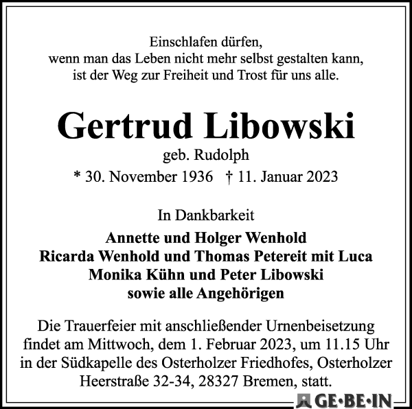 Traueranzeige von Gertrud Libowski von WESER-KURIER