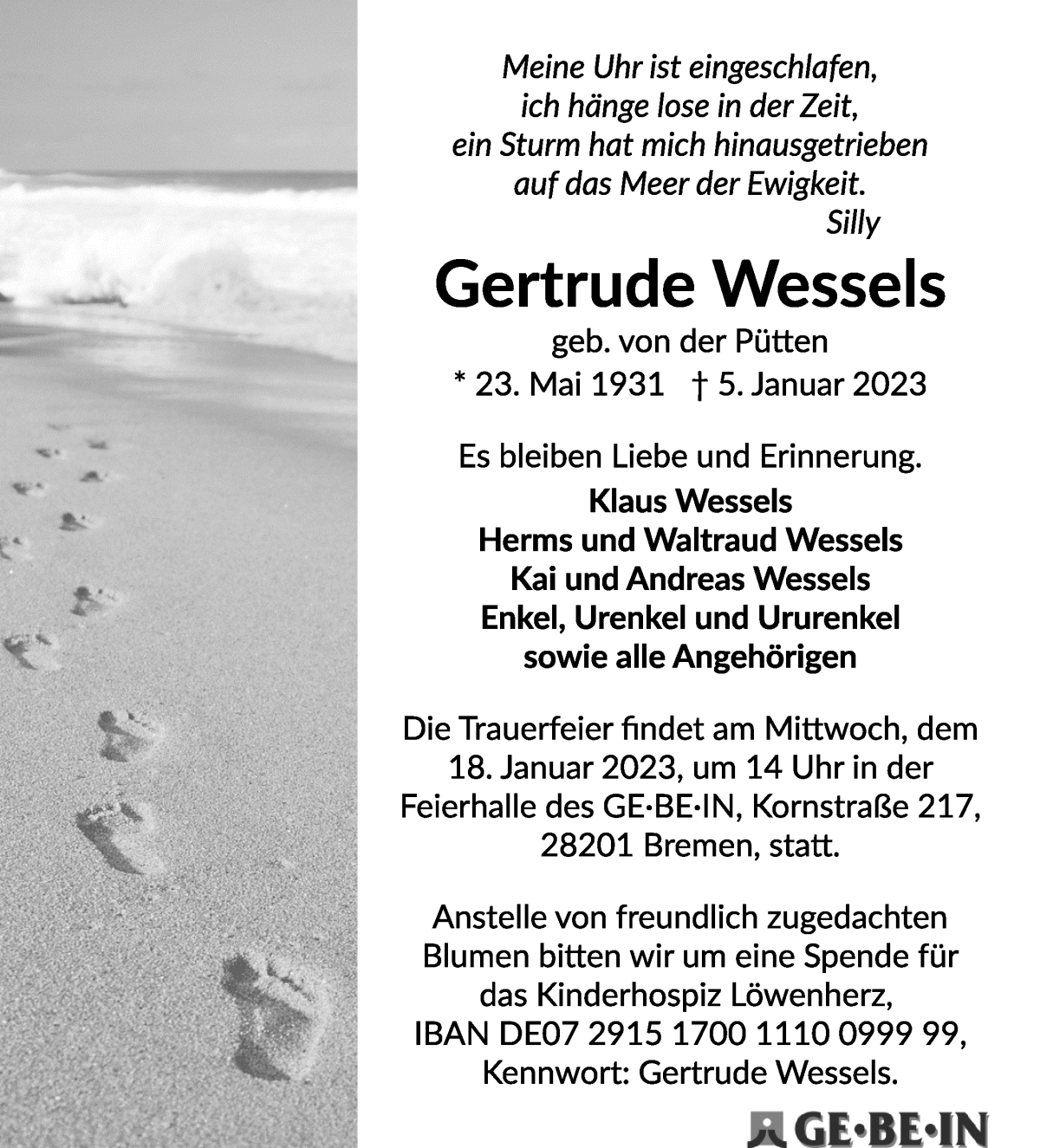 Traueranzeige von Gertrude Wessels von WESER-KURIER