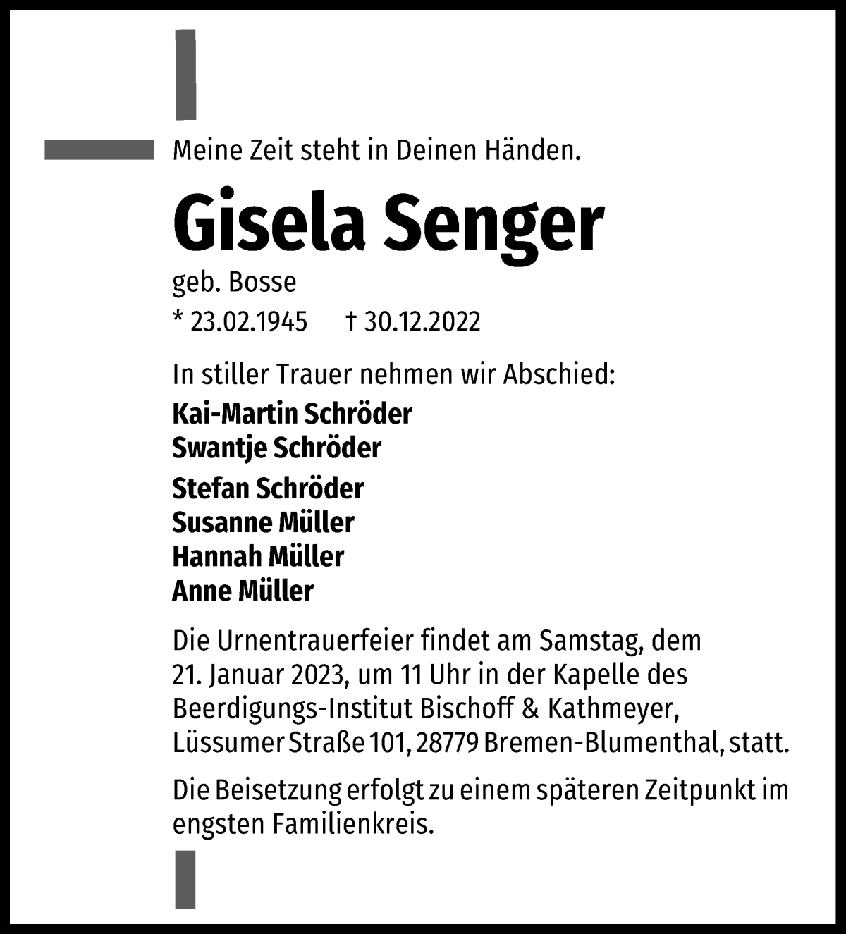 Traueranzeige von Gisela Senger von Die Norddeutsche