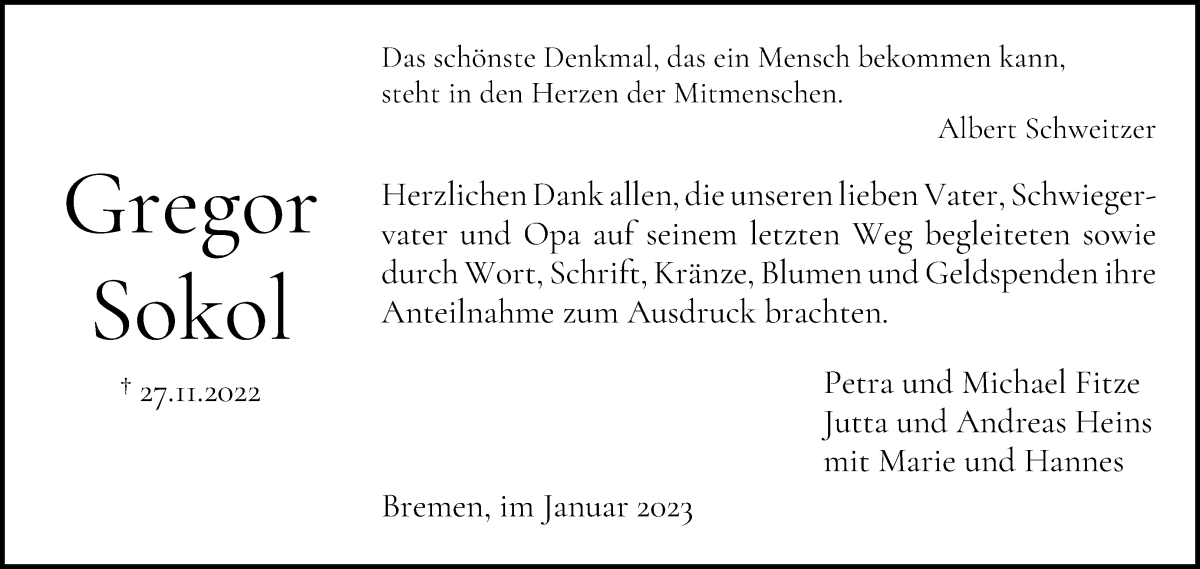 Traueranzeige von Gregor Sokol von WESER-KURIER