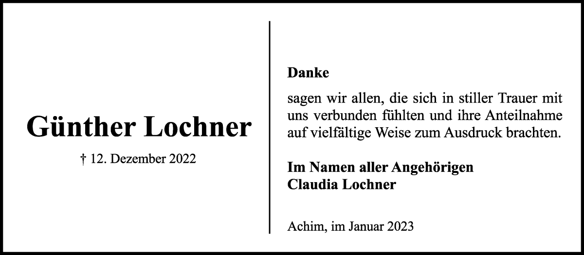 Traueranzeige von Günther Lochner von WESER-KURIER