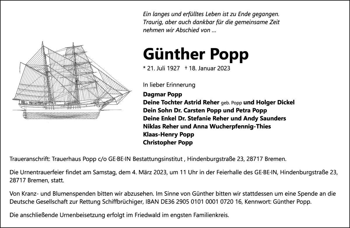 Traueranzeige von Günther Popp von Die Norddeutsche