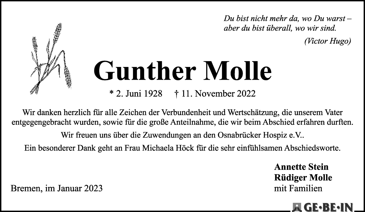 Traueranzeige von Gunther Molle von WESER-KURIER