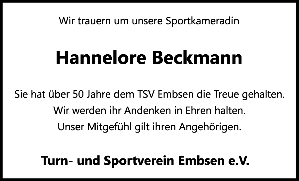 Traueranzeige von Hannelore Beckmann von Achimer Kurier/Verdener Nachrichten